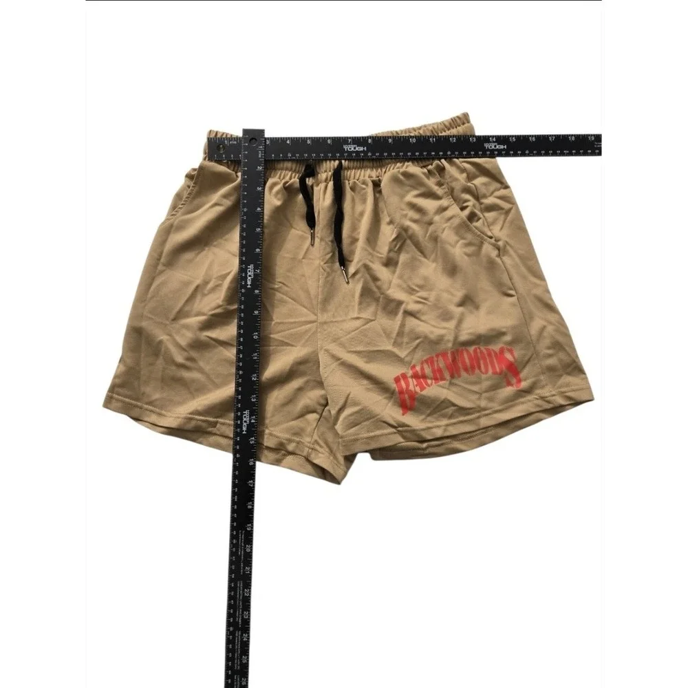 Backwoods Graphic‎ Shorts Tan Brown Size M Distressed Red Logo Polyester...